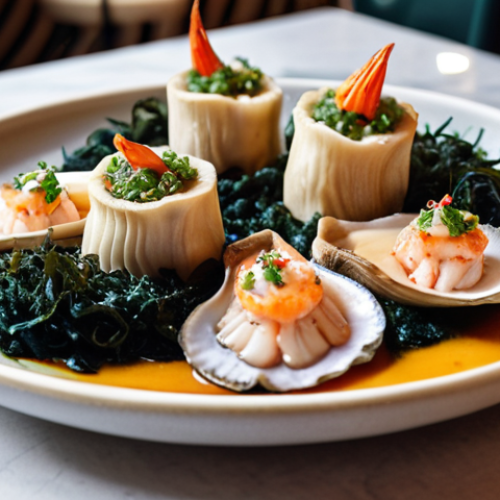 **A vibrant vegan seafood dish served at a trendy Gothenburg restaurant. Focus on the creative use of king oyster mushrooms shaped like fish fillets, seaweed garnishes, and other vegetable-based "seafood" elements. The setting should be a cozy, modern Scandinavian interior.**