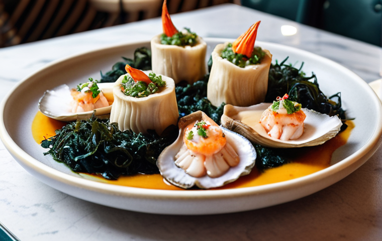**A vibrant vegan seafood dish served at a trendy Gothenburg restaurant. Focus on the creative use of king oyster mushrooms shaped like fish fillets, seaweed garnishes, and other vegetable-based "seafood" elements. The setting should be a cozy, modern Scandinavian interior.**
